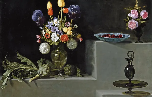 Картинка картина, ваза, Цветами и Стеклянной Посудой, -Хуан ван дер Амен и Леон, Натюрморт с Артишоками