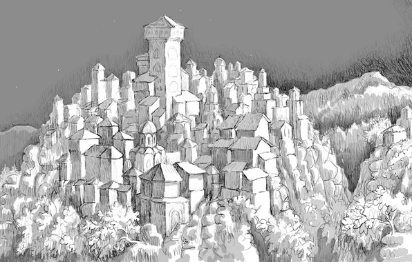City, tower, fortress, painting, drawing, medieval, middle ages