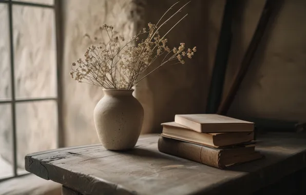 Книги, букет, ваза, натюрморт, серый фон, ИИ-арт, нейросеть