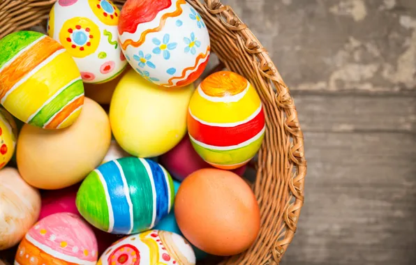 Корзина, colorful, Пасха, wood, spring, Easter, eggs, holiday