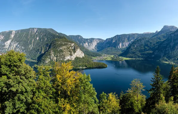 Осень, деревья, горы, озеро, Австрия, деревня, Альпы, Austria