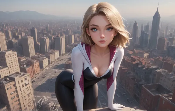 Картинка девушка, city, blue eyes, blonde, Spider-Man, Gwen Stacy, hips, Spider Gwen