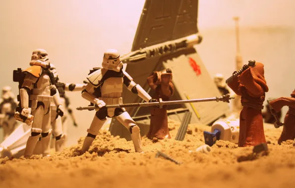 Картинка песок, Star Wars, космический корабль, R2-D2, бластеры, Jawas, Sandtrooper
