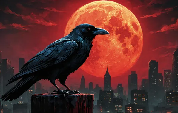 Картинка city, moon, night, raven, AI art