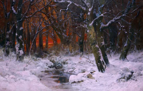 Закат, Зима, Вечер, Деревья, Снег, Картина, Alois Arnegger, Алоис Арнеггер