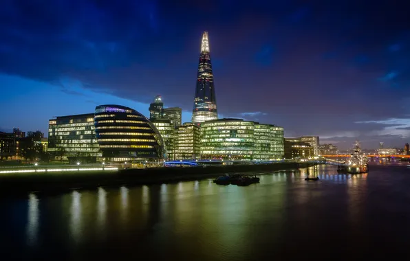 Картинка ночь, город, огни, река, Лондон