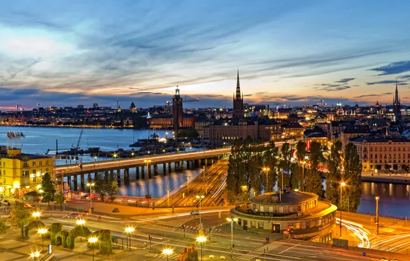 Картинка небо, огни, дороги, дома, вечер, Стокгольм, Швеция, stockholm