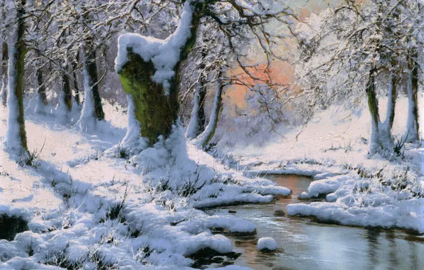 Зима, Деревья, Снег, Ручей, Картина, Laszlo Neogrady, Ласло Неогради, Зимний пейзаж с ручьём