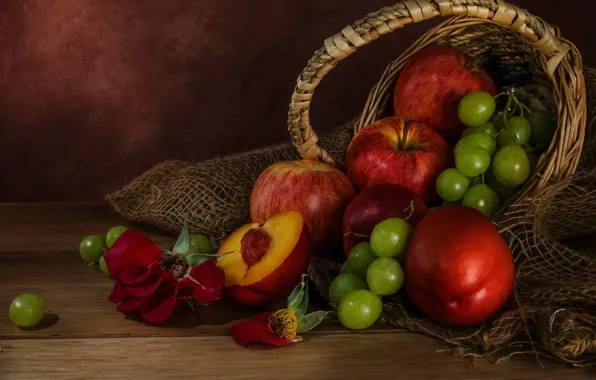 Яблоки, роза, виноград, фрукты, натюрморт, корзинка, персики