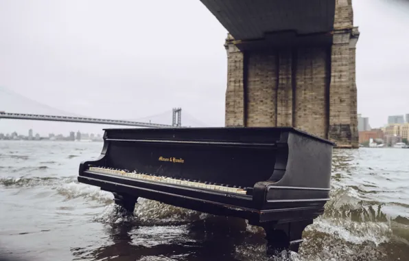 Картинка мост, музыка, река, пианино