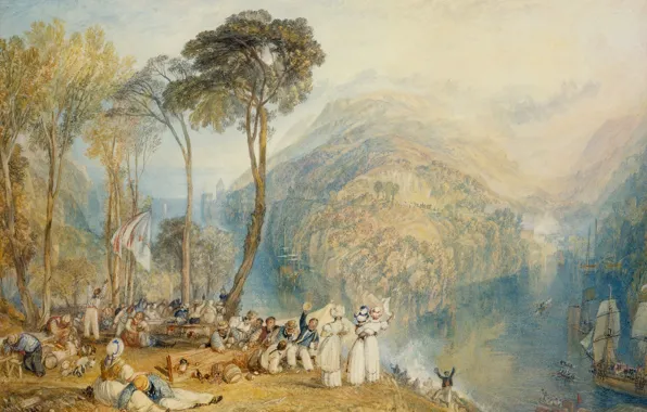 Картинка пейзаж, люди, холмы, корабль, картина, Уильям Тёрнер, Бухта Дармут