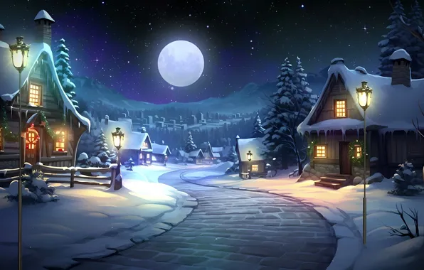 Зима, Ночь, Деревня, Winter, Night, Village