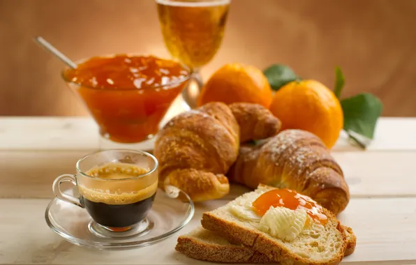 Картинка кофе, завтрак, хлеб, джем, круассаны