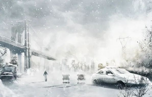 Картинка зима, машина, снег, мост, город, человек, арт, руины