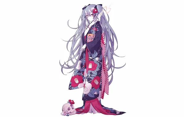 Девушка, череп, аниме, арт, рога, кимоно, vocaloid, hatsune miku