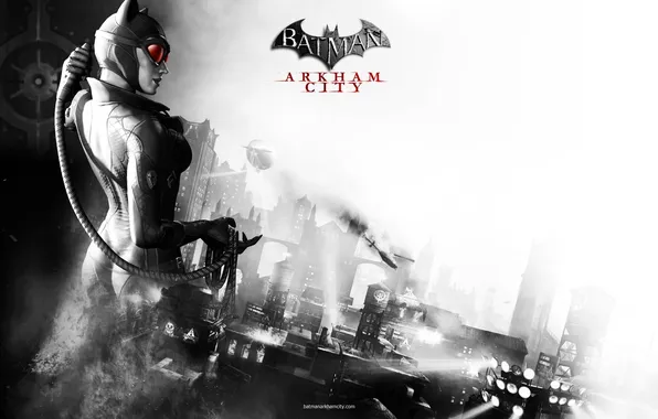 Картинка город, batman, arkham city, catwoman