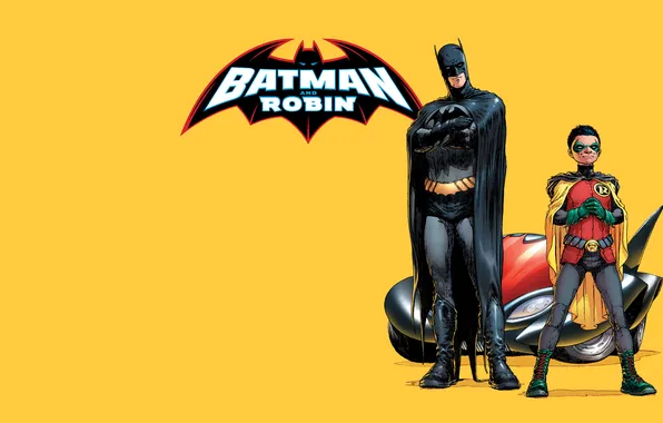 Картинка batman, персонажи, бэтмобиль, комикс, супер герои, dc comics, робин, бэтман