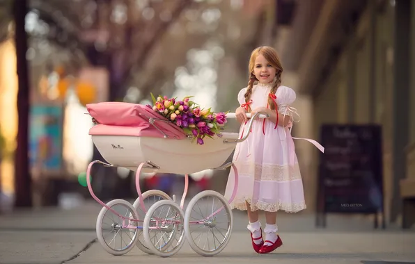 Картинка цветы, девочка, коляска