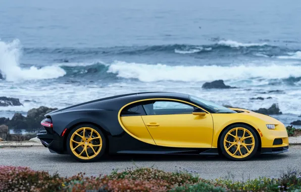 Chiron, 2018, побережье, Bugatti, Yellow and Black
