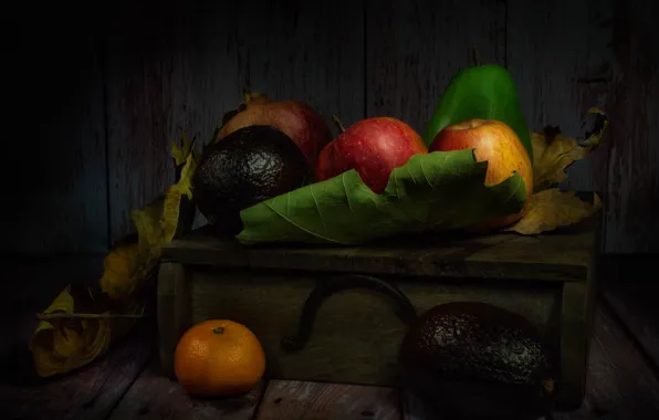 Листья, темный фон, яблоки, фрукты, натюрморт, ящик, разные, гранат