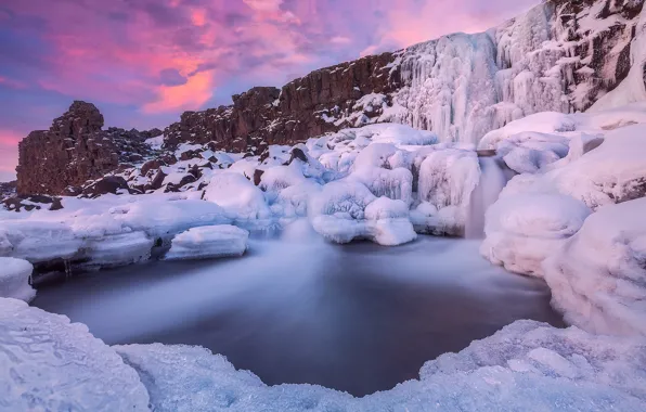 Зима, река, скалы, лёд, Исландия, Iceland, Эхсараурфосс, замёрзший водопад