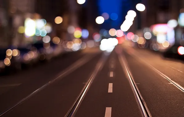 City, lights, evening, street, traffic, far away, blur bokeh effect, dividing line