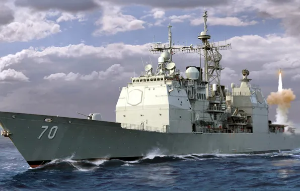 Рисунок, арт, ВМС США, CG-70, Ракетный крейсер типа «Тикондерога», USS Lake Erie