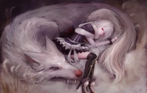 Картинка девушка, волк, арт