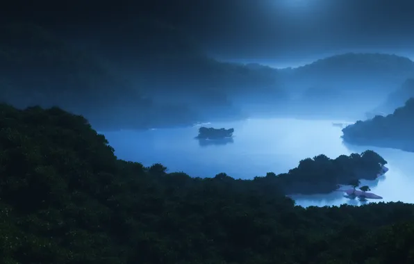 Картинка море, лес, острова, ночь, туман, озеро, холмы, арт