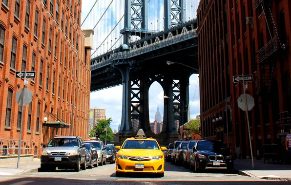 Картинка авто, мост, город, улица, здания, такси, new york, нью йорк