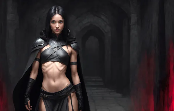 Girl, art, digital art, fantasy art, cloak, black clothes, dungeon, fantasy girl