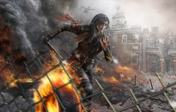 Картинка девушка, город, огонь, разрушение, руины, мачете, Homefront: The Revolution