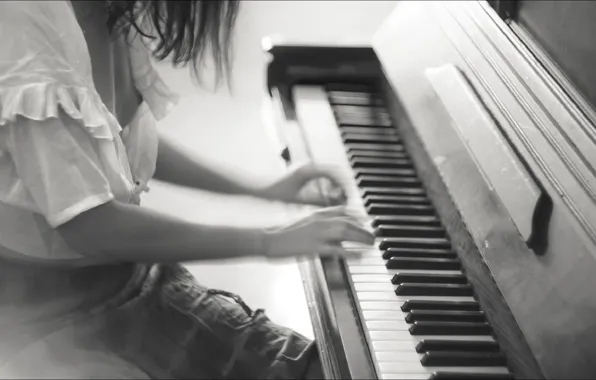 Музыка, игра, play, girl, пианино, Music, piano, чёрно - белое