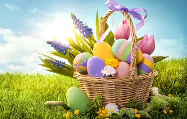 Картинка трава, цветы, праздник, корзина, яйца, весна, Пасха, бант