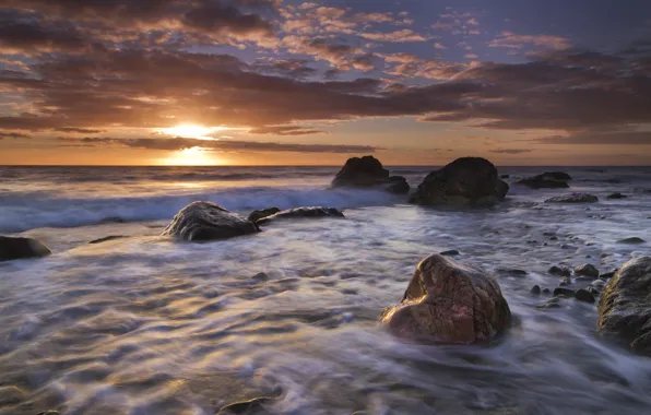 Картинка закат, камни, Англия, England, Wales, Ирландское море, Porth Towyn, Irish Sea