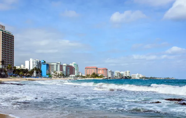 Песок, пляж, небо, волна, здание, USA, США, beach