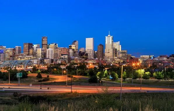 Дорога, огни, дома, вечер, панорама, США, Denver