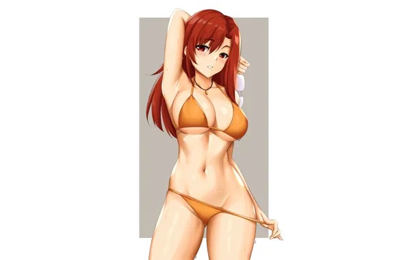 Girl, sexy, wet, cleavage, red hair, long hair, boobs, anime