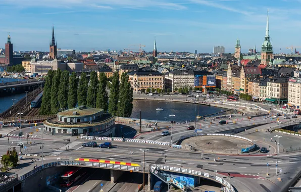 Картинка река, здания, дороги, дома, Швеция, мосты, Stockholm