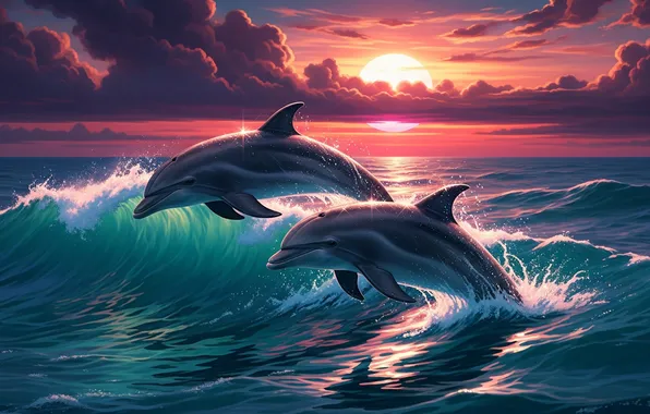 Закат, дельфин, обои, рисунок, волна, арт, wallpaper, sunset