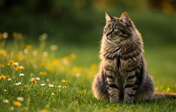 Зелень, кошка, лето, трава, кот, взгляд, цветы, поза