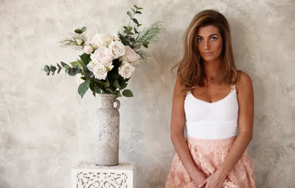 Картинка цветы, лицо, фон, волосы, букет, красотка, Настя