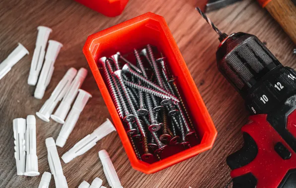 Tools, screws, red box, dowels