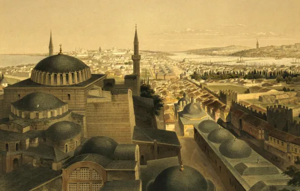 Картинка город, картина, панорама, мечеть, Стамбул, Турция, минарет, Собор Святой Софии
