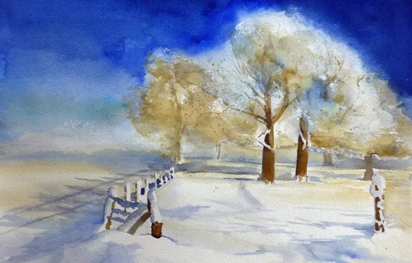 Картинка зима, пейзаж, акварель