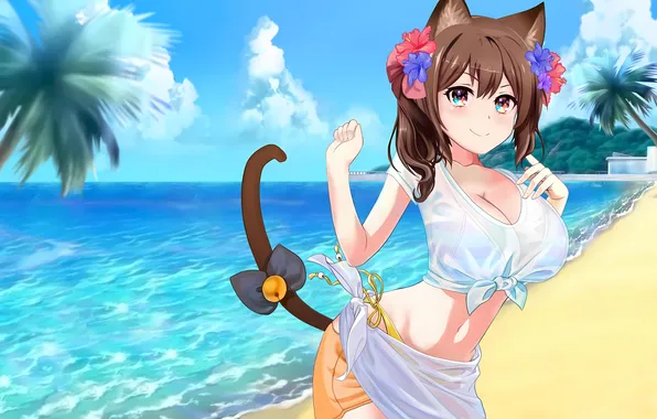 Girl, sexy, game, cleavage, beach, sea, boobs, animal ears