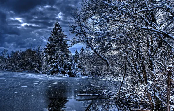Картинка зима, вода, снег, природа, фото, ель