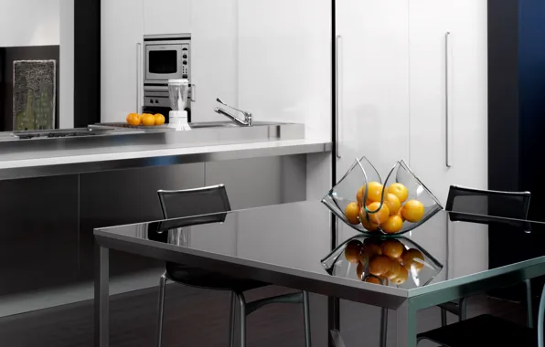 Картинка дизайн, стиль, серый, комната, интерьер, апельсины, кухня, фрукты