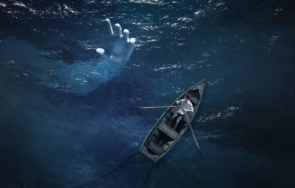 Картинка море, лодка, рука