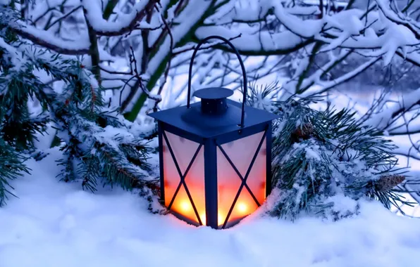 Картинка зима, снег, природа, свечи, фонарь, light, nature, winter